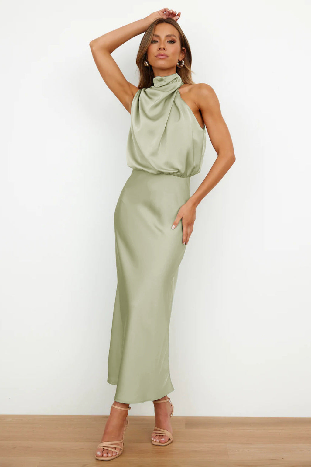 Rosa - Satin Halter Slip Maxi — Light Green