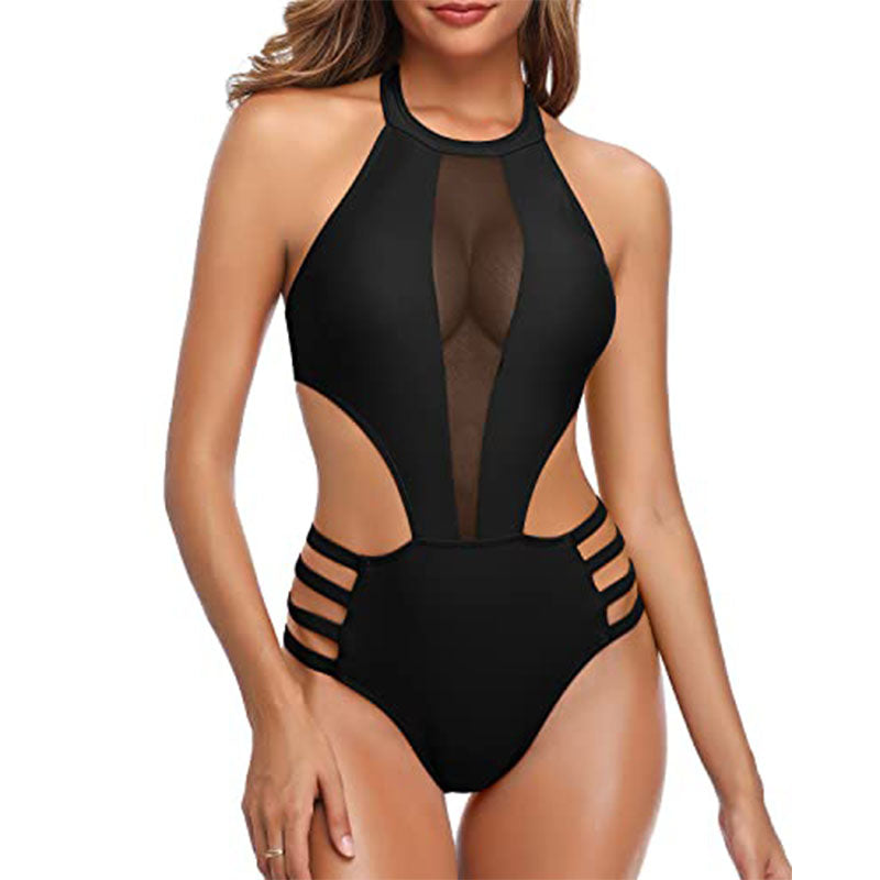 Paulette - Leopard Mesh Panel Swimsuit — Black
