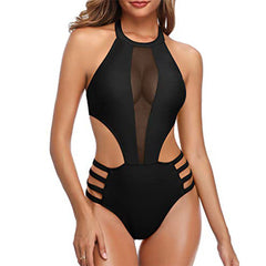 Paulette - Leopard Mesh Panel Swimsuit — Black