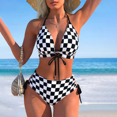 Clarissa - Checkerboard Halter Bikini — Black