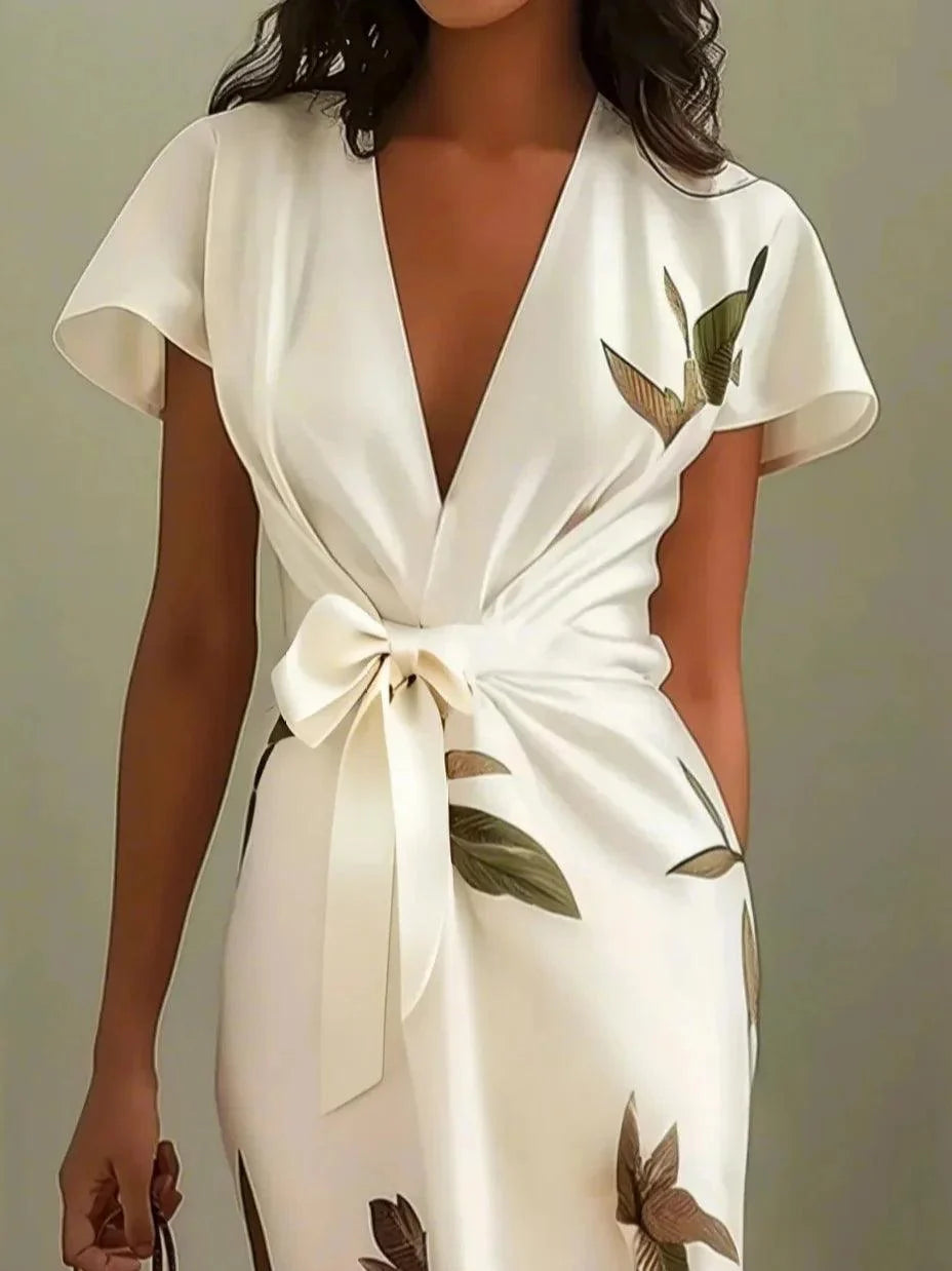 Solene - Leaf Print Satin Wrap Midi Dress