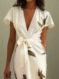 Solene - Leaf Print Satin Wrap Midi Dress