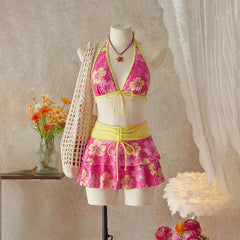Samantha - Tropical Ruffle Bikini Set — Pink Background with Yellow Flowers