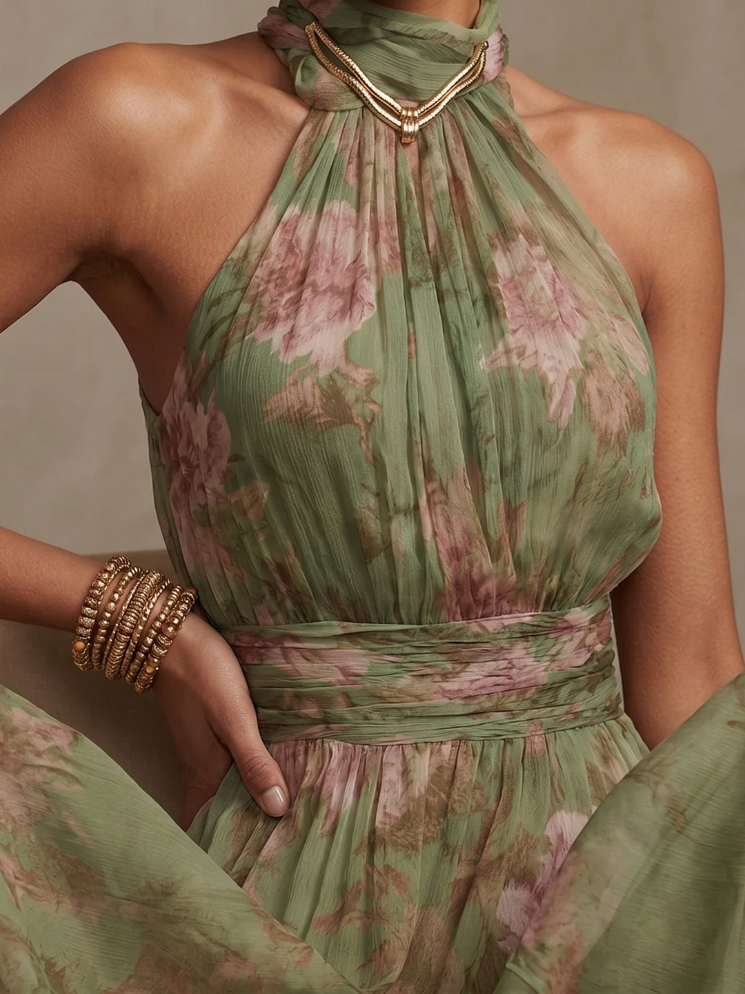 Amalia - Floral Chiffon Halter Maxi Dress