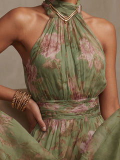 Amalia - Floral Chiffon Halter Maxi Dress