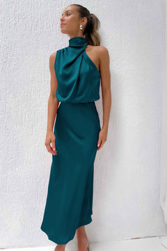 Rosa - Satin Halter Slip Maxi — Teal Blue