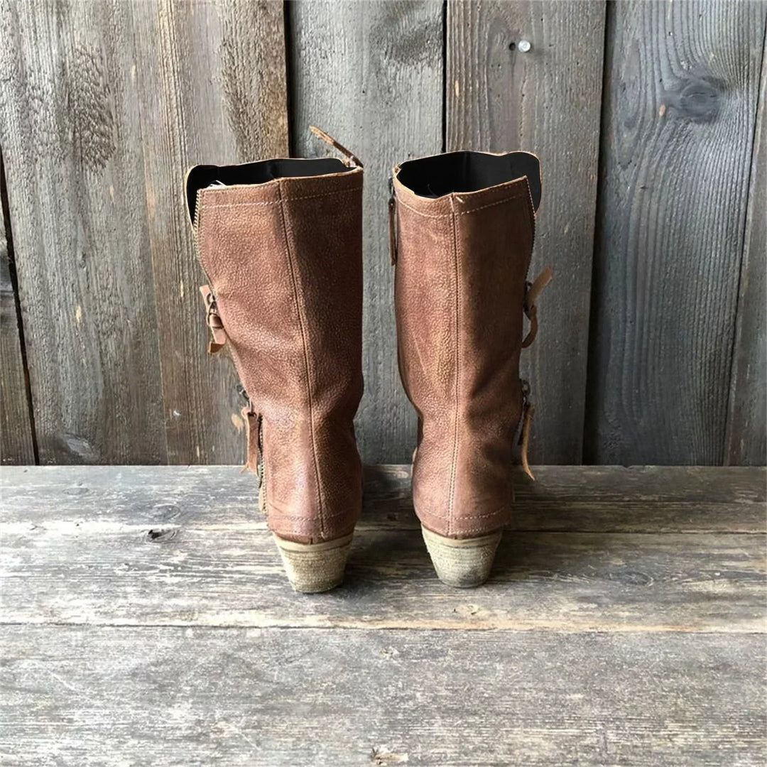 Pauline - Distressed Mid Calf Boots