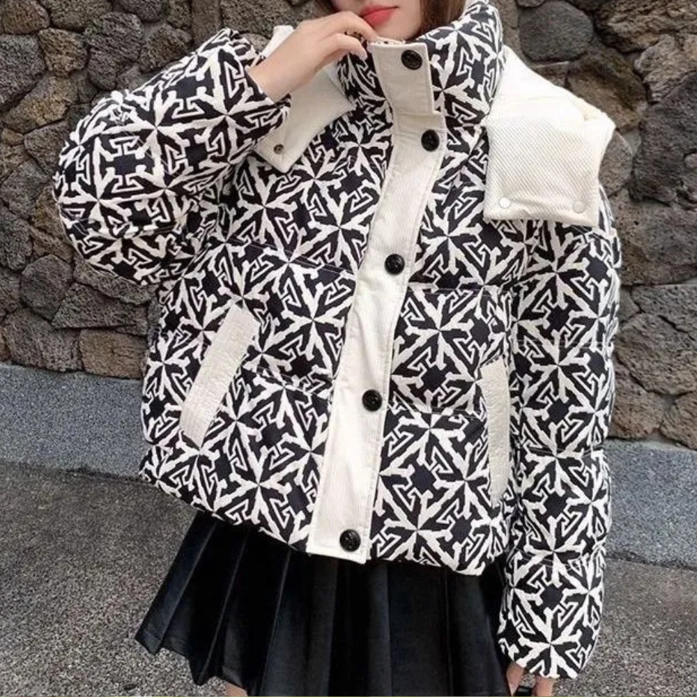 Cynthia - Geometric Cropped Puffer — Black and white