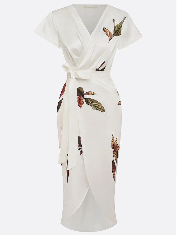 Solene - Leaf Print Satin Wrap Midi Dress