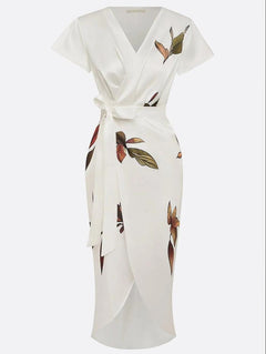 Solene - Leaf Print Satin Wrap Midi Dress