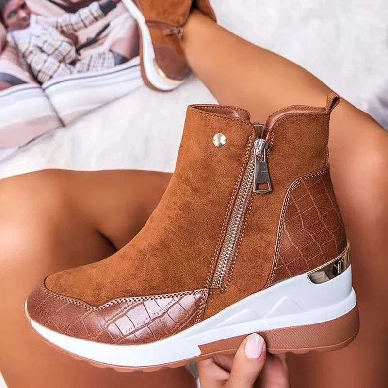 Georgie - Croc Panel Wedge Boots — Brown