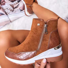 Georgie - Croc Panel Wedge Boots — Brown