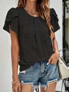 Francesca - Dobby Dot Puff Sleeve Top — Black