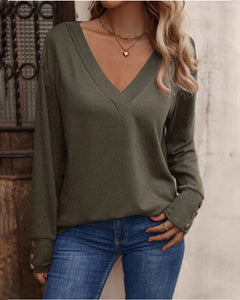 Therese - V Neck Top with Button Cuffs — Green