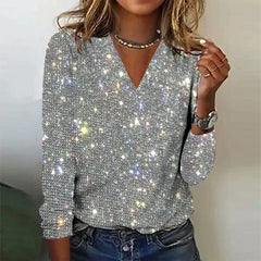 Courtney - Sequin V Neck Top — Silver