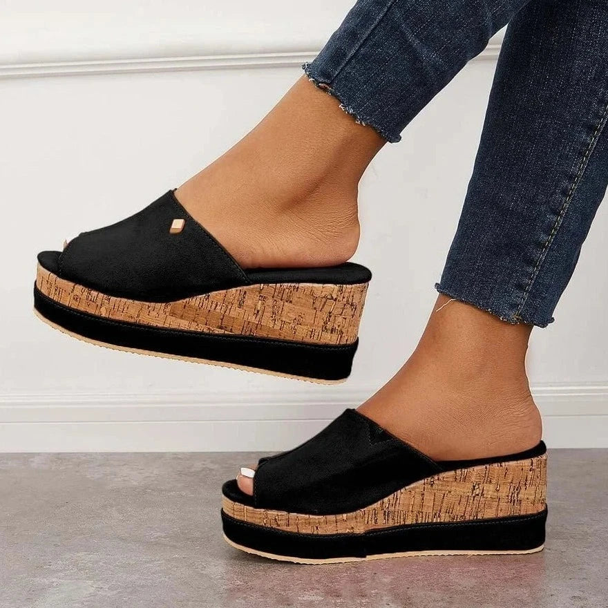 Clara - Cork Platform Slides — Black