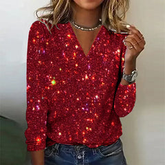 Courtney - Sequin V Neck Top — Red