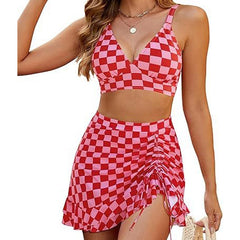 Stephanie - Leopard Bikini with Swim Skirt — Large Red Check