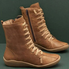 Ella - Lace up Mid Calf Boots — Brown