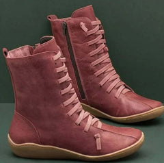 Ella - Lace up Mid Calf Boots — Red
