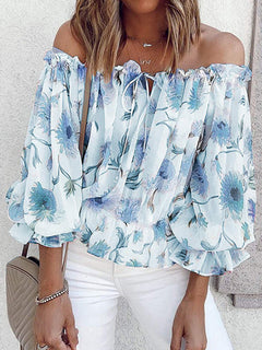 Mila - Floral Off Shoulder Blouse — Misty blue