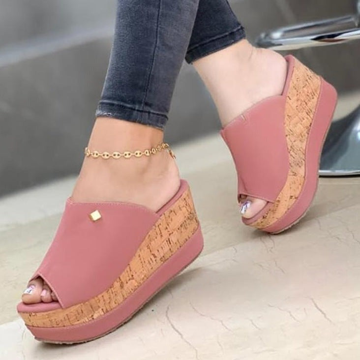 Clara - Cork Platform Slides — Pink