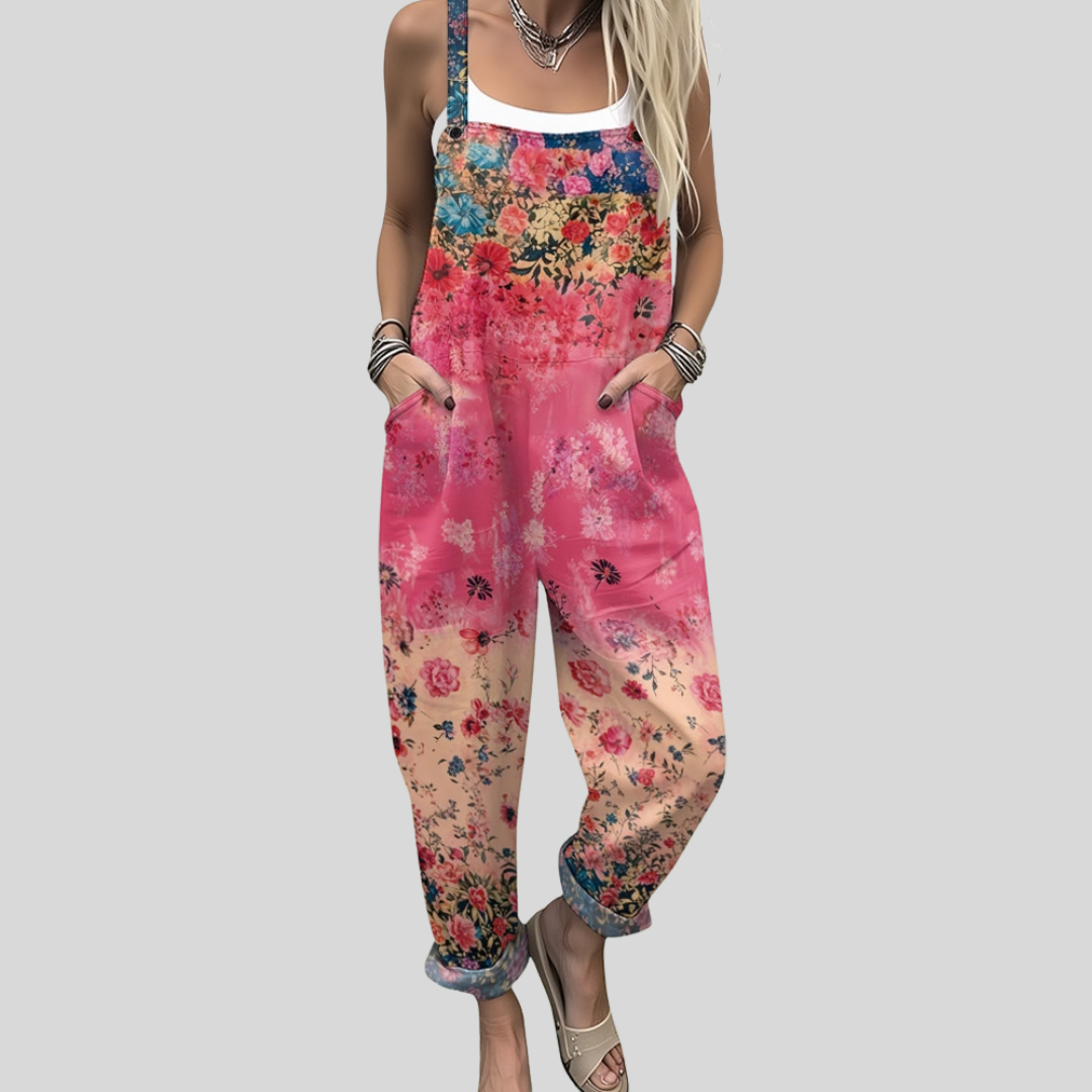 Stephanie - Coral Pink Floral Overalls