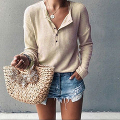 Elena - Waffle Knit Henley Top — Apricot