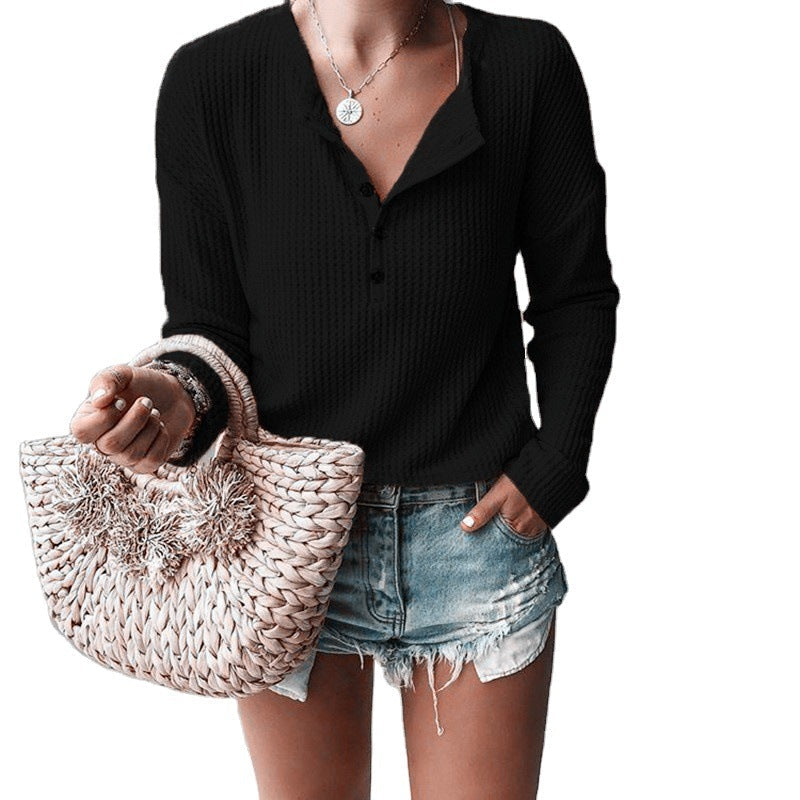 Elena - Waffle Knit Henley Top — Black