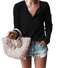 Elena - Waffle Knit Henley Top — Black