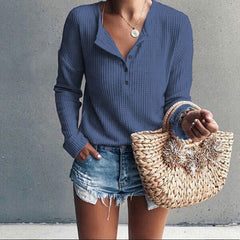 Elena - Waffle Knit Henley Top — Blue