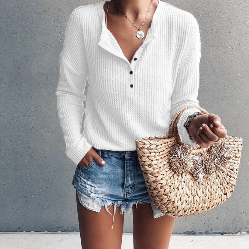 Elena - Waffle Knit Henley Top