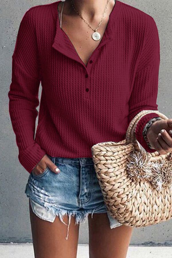 Elena - Waffle Knit Henley Top — Red