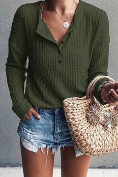 Elena - Waffle Knit Henley Top — Green