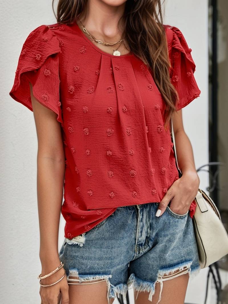 Francesca - Dobby Dot Puff Sleeve Top — Red