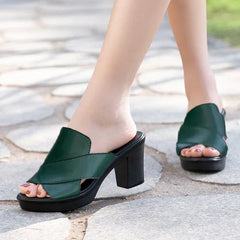 Marguerite - Cross Strap Block Heel Mules — Green