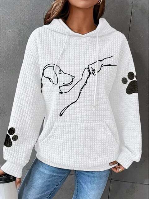 Aria - Waffle Hoodie with Dog Print — White