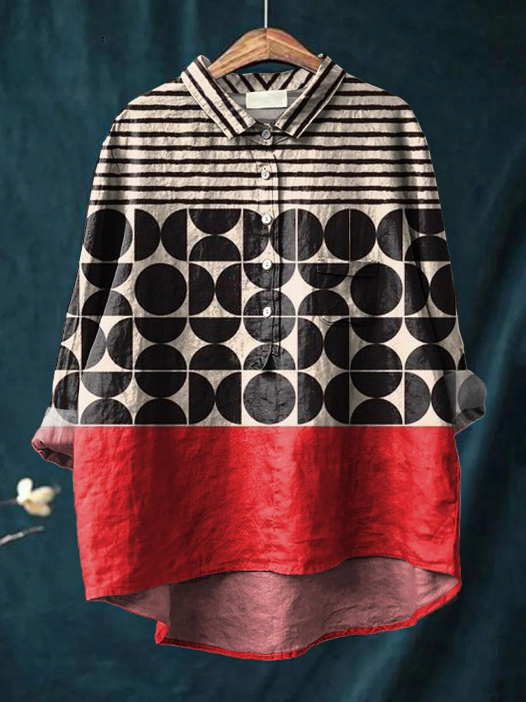 Victoria - Circle Print Shirt with Red Hem — Multicoloured