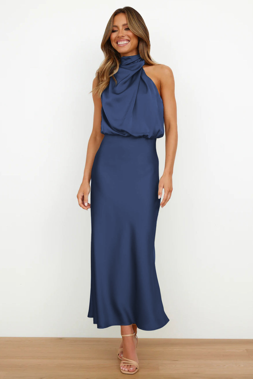 Rosa - Satin Halter Slip Maxi — Navy Blue
