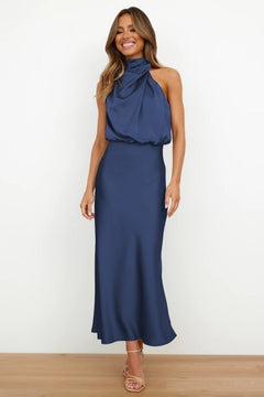 Rosa - Satin Halter Slip Maxi — Navy Blue
