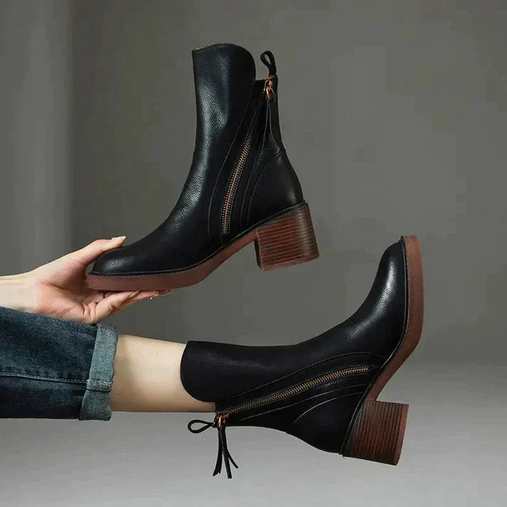Cora - Block Heel Zip Boots — Black