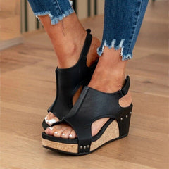 Penelope - Cutout Cork Wedge Sandals — Black