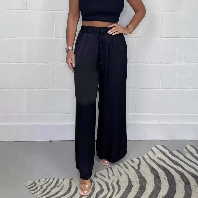 Victoria - Satin Wide Leg Trousers — Black