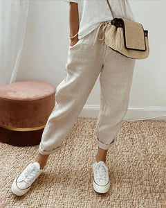 Maryanne - Linen Cuffed Trousers — Beige