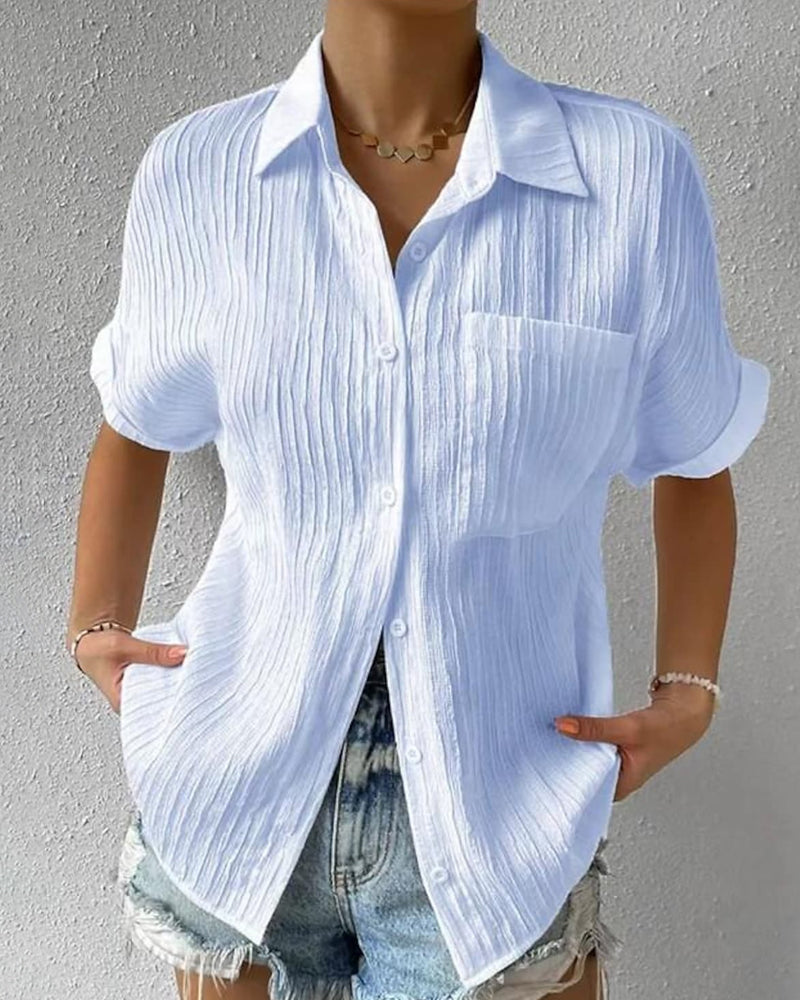 Evangeline - Textured Short Sleeve Blouse — Light Blue