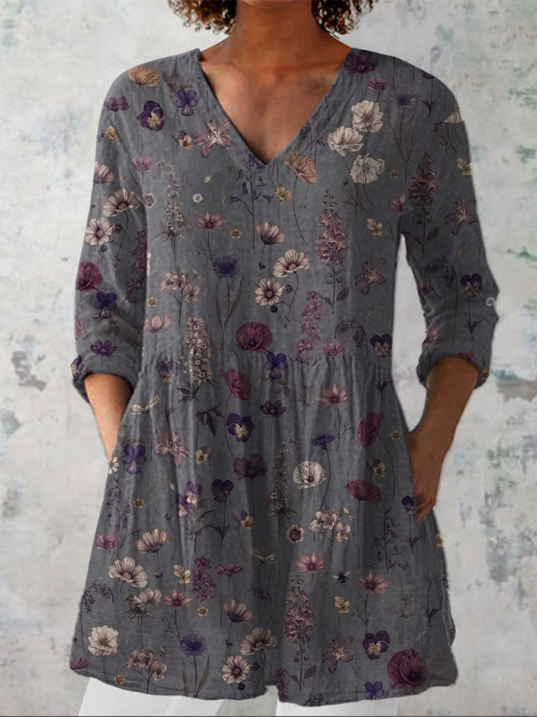 Briony - Fine Floral Print Tunic — Charcoal