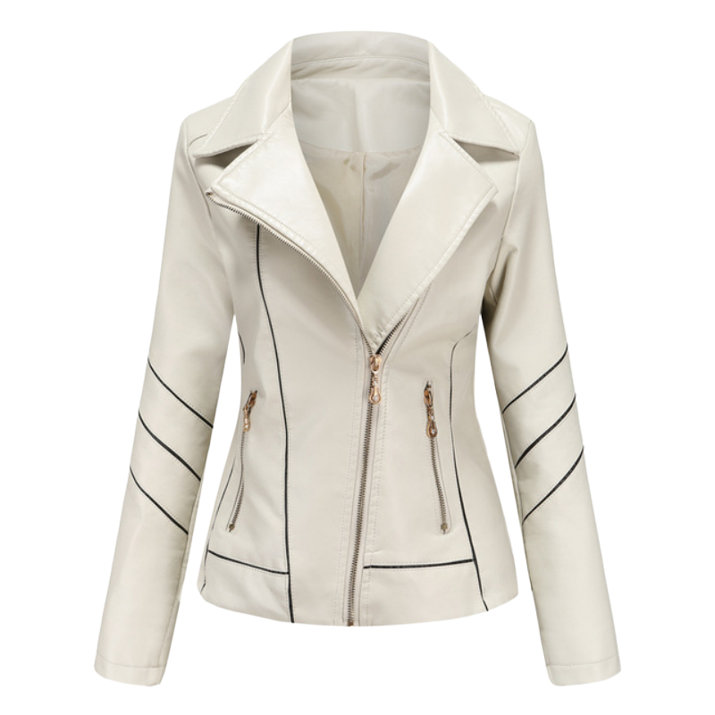 Paulette - Studded Leather Biker Jacket — Beige