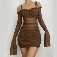 Evangeline - Ruched Frill Neck Mini Dress — Brown