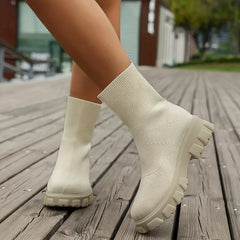 Mabel - Knit Sock Boots — Beige