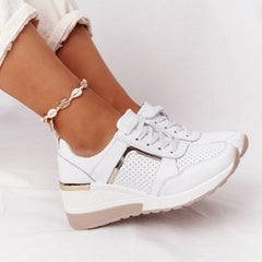 Evangeline - Wedge Trainers with Gold Trim — Santorini White